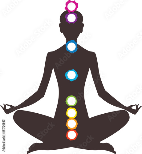 Female body silhouette in lotus position with colored circles of chakras as a symbol of female spiritual and health. Aura and yoga. Vector illustration
