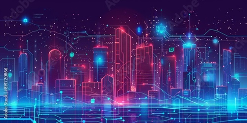 Abstract Smart Digital Cityscape: Futuristic Purple Skyline with Wireless Networks and Data Skyscrapers. Interconnected Urban Landscape Illustrating Advanced Internet of Things, 5G Connectivity, and I