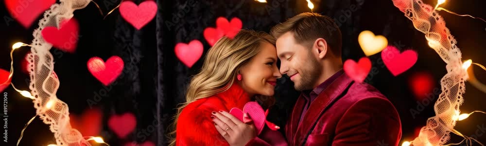 romantic couple surrounded by a heart-shaped light frame and red heart bokeh in the background. Wedding greeting card web banner. Wedding or St. Valentine's day concept romantic couple surrounded by a heart-shaped light frame and red heart bokeh in the background. Wedding greeting card web banner. Wedding or St. Valentine's day concept