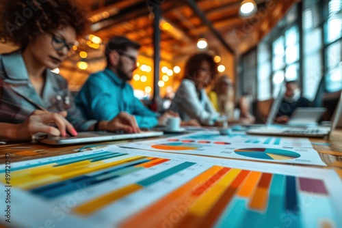 A diverse group of business professionals collaborate on a project, reviewing data and charts at a modern office. photo