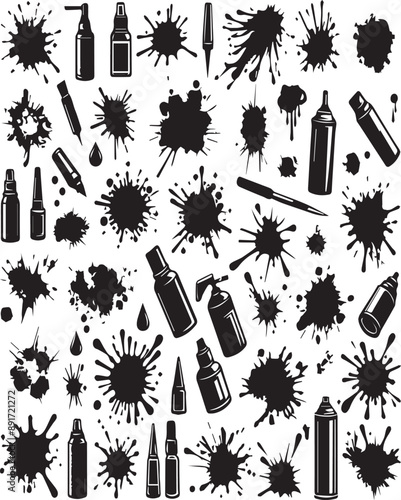 Print   Ink splashes stencil very detailed collection. High quality manually traced. Black inked splatter dirt stain splattered spray splash with drops blots. Isolated Silhouettes dirty liquid vector 