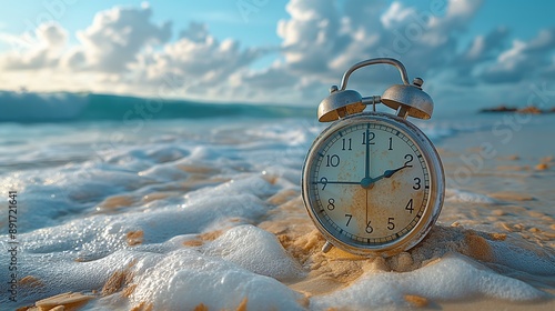 Fototapeta Naklejka Na Ścianę i Meble -  Alarm clock on the sand beach and sea background