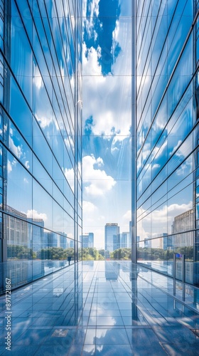 Abstract Modern Corporate Skyline: Sleek Glass-Walled Office Buildings Reflecting Blue Sky. Contemporary Urban Architecture Showcasing Cutting-Edge Business District with Towering Skyscrapers and Expa
