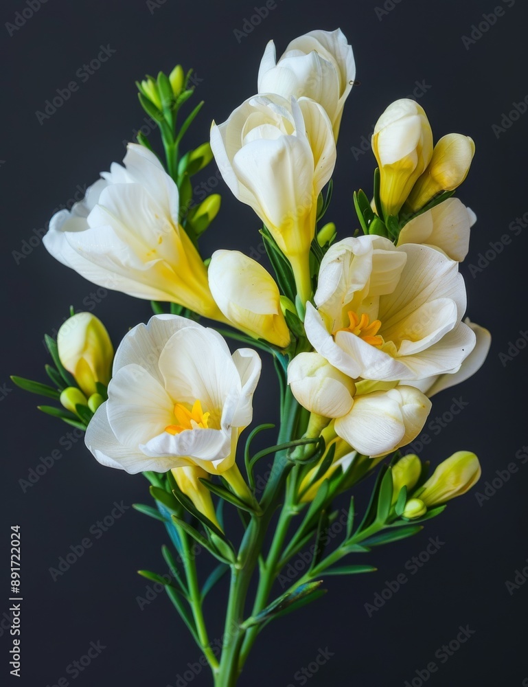Naklejka premium White and yellow color theme freesia flowers, black background