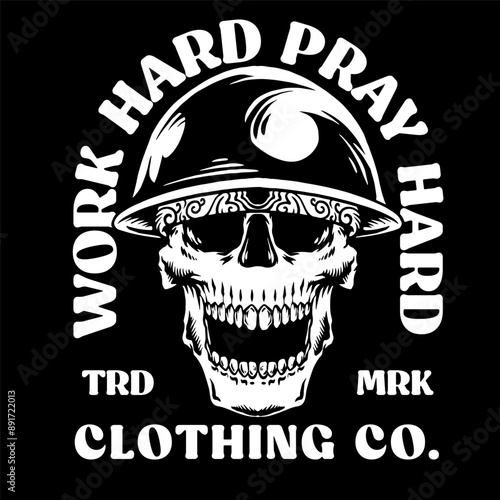 Skull wearing hard hat illustration, Isolated on black background.