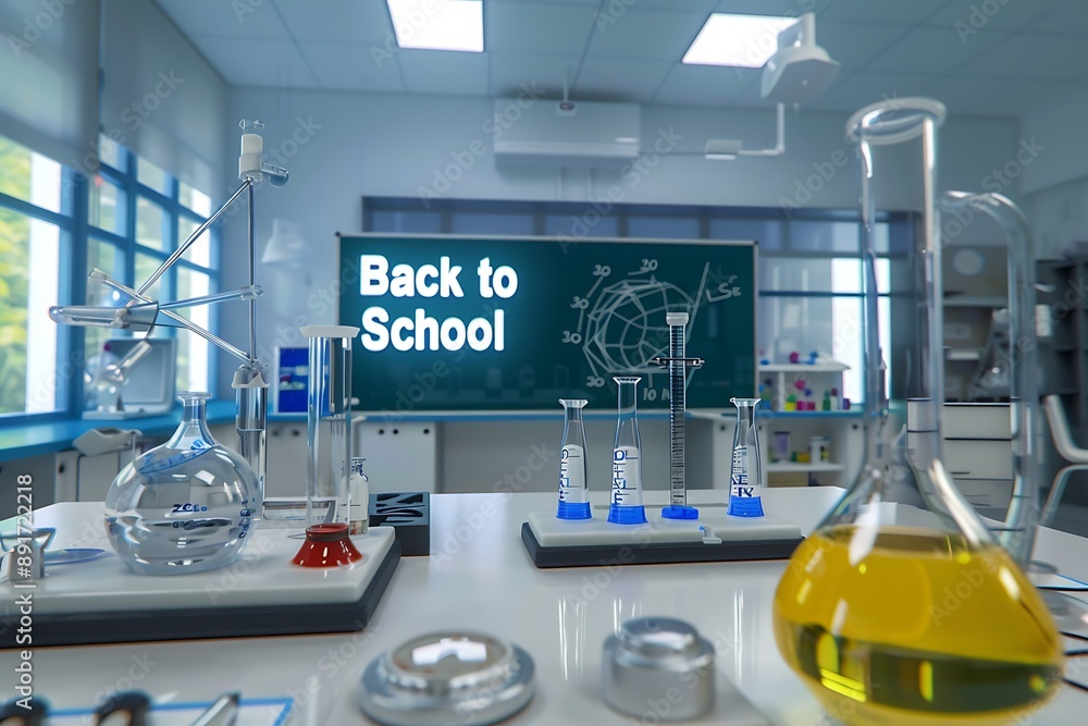 A science classroom with experiments set up, a A science classroom with experiments set up, a