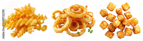 3 styles of potato fries, crinkle cut, ring, and tater tots, volume 1. Set of isolated food on transparent background. photo