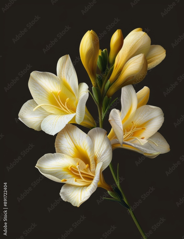 White and yellow color theme freesia flowers, black background White and yellow color theme freesia flowers, black background