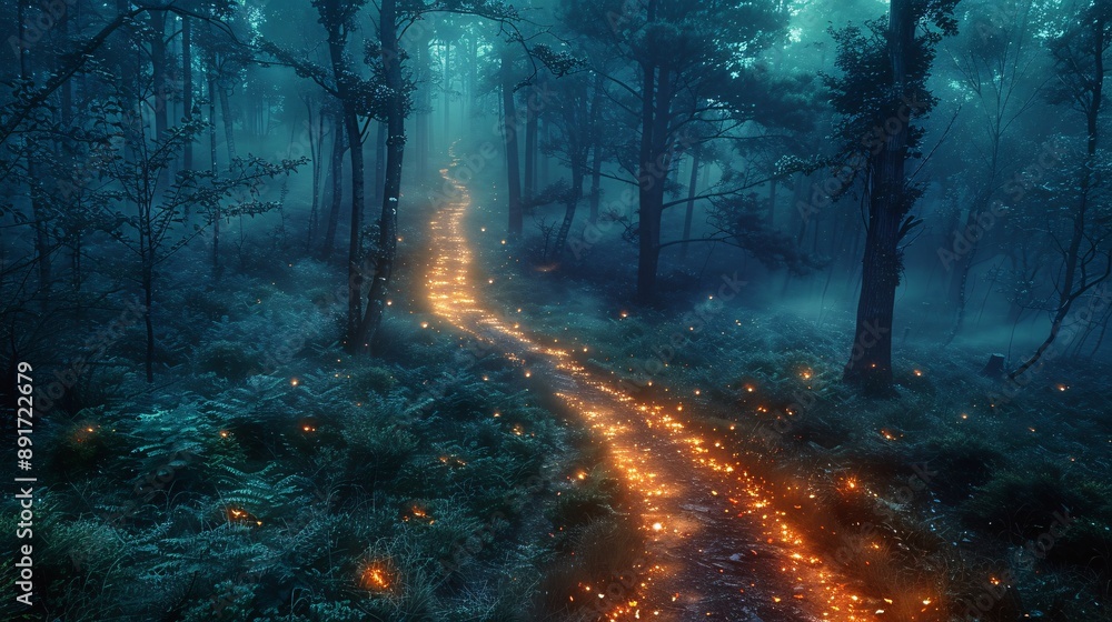 Fototapeta premium Spooky forest path with eerie lights and shadows