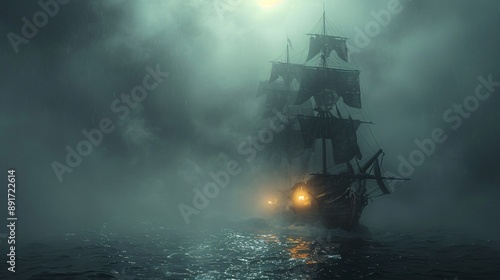 Spooky ghost ship sailing through a dark sea