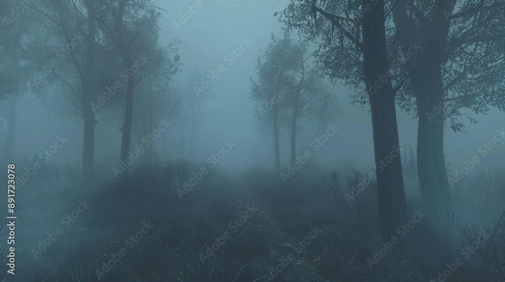Spooky fog enveloping a haunted forest Spooky fog enveloping a haunted forest