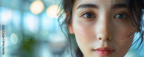 Closeup portrait of a young woman with soft focus background.