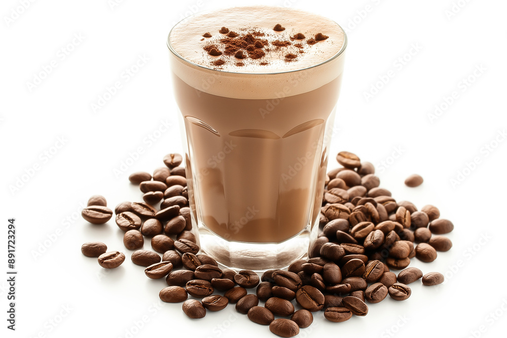 A cup of coffe with latte art surrounded by coffee beans. A cup of coffe with latte art surrounded by coffee beans.