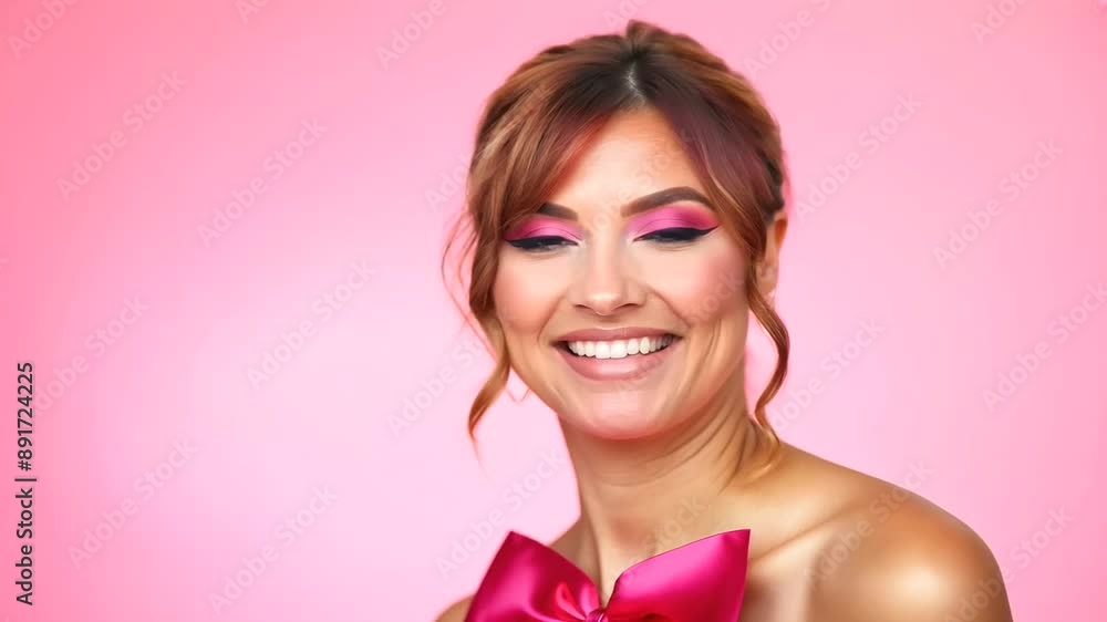Vibrant trans individual in pink attire and makeup, smiling confidently against a matching pink backdrop. Vibrant trans individual in pink attire and makeup, smiling confidently against a matching pink backdrop.