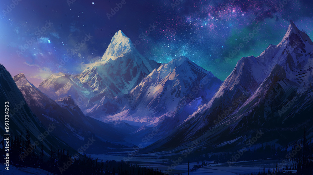 Starry night sky over snow-capped peaks Starry night sky over snow-capped peaks