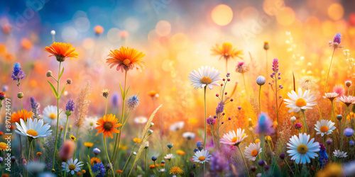 A meadow filled with vibrant, colorful flowers captures the essence of spring with a warm, glowing bokeh effect in the background. A variety of flowers, including daisies and wildflowers.AI generated.