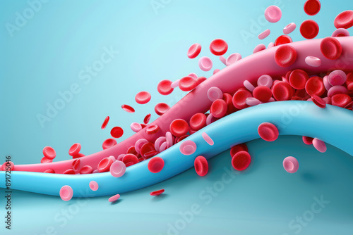 Flat design illustration depicting fatty streaks in arteries, highlighting early stages of atherosclerosis for educational and health awareness purposes. photo