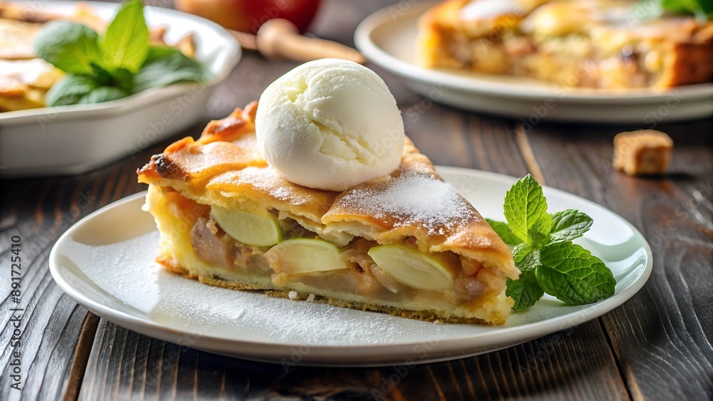 Homemade apple pie with a golden lattice crust on top, apple slices visible through the lattice. The cake is located on a wooden board, next to a tea cup and flowers. Sweets. Prescription Homemade apple pie with a golden lattice crust on top, apple slices visible through the lattice. The cake is located on a wooden board, next to a tea cup and flowers. Sweets. Prescription