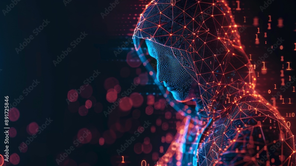 custom made wallpaper toronto digitalConcept of cyber security depicted with a digital abstract hacker, wearing a hoodie obscuring his face, engaged in cyber attack and data hacking on a computer. Illustration rendered in 3D vector polyg