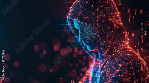 Wallpaper Mural Concept of cyber security depicted with a digital abstract hacker, wearing a hoodie obscuring his face, engaged in cyber attack and data hacking on a computer. Illustration rendered in 3D vector polyg Torontodigital.ca