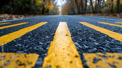 a yellow and black road with trees in the background