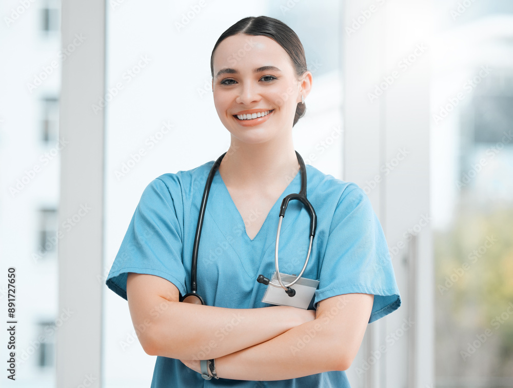 Portrait, happy woman and surgeon with arms crossed for healthcare services, career or medicine in hospital. Proud, medical professional and confident physician with smile at clinic ready for surgery Portrait, happy woman and surgeon with arms crossed for healthcare services, career or medicine in hospital. Proud, medical professional and confident physician with smile at clinic ready for surgery
