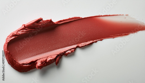 Closeup of red glitter makeup smear. Beauty and makeup concept. Lipstick swatch on white photo