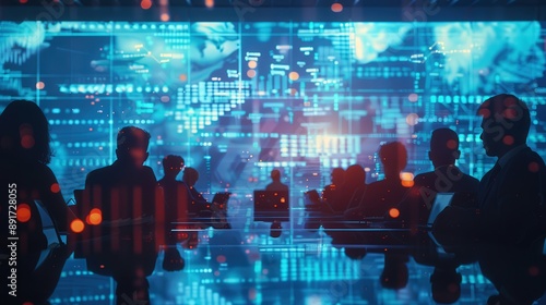 A group of cybersecurity professionals meet in a corporate boardroom, silhouetted against a large screen displaying data visualizations