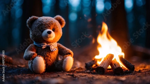 Cute plush teddy bear with a bow tie, sitting beside a small campfire in a blurred night forest.