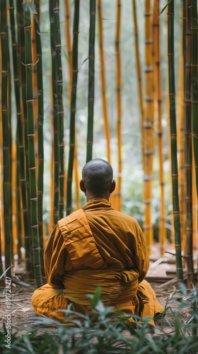 Captivating Of A Monk In An Orange Robe Meditating in Bamboo Forest