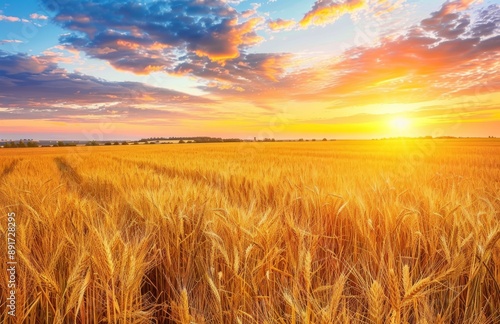 Golden wheat field at sunset, with the sun setting in the background © Cetin