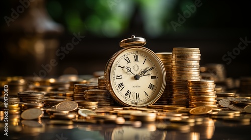 gold clock with gold coins. Time is money concept
