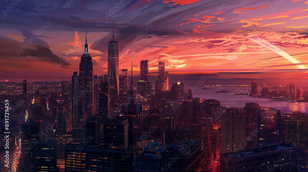 Fototapeta premium Urban skyline at dusk with city lights