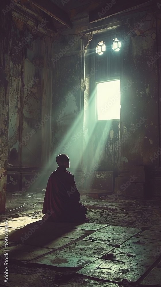 Monk In Orange Robe In Deep Meditation in Abandoned Temple Ruins Monk In Orange Robe In Deep Meditation in Abandoned Temple Ruins