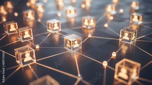 network of interconnected blocks with glowing icons representing people, symbolizing the global reach and community aspect of social media networks