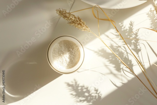 Minimalistic overhead view of white ceramic bowl and dried grass casting shadows on a sunlit surface. Modern and natural decor. photo