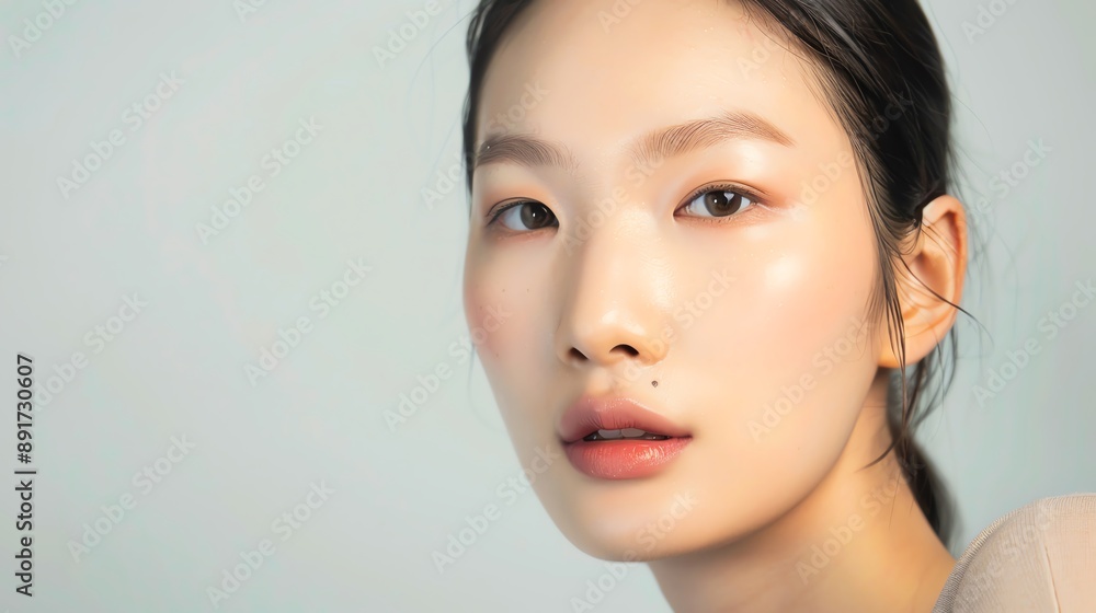 Portrait of a young woman with flawless skin and natural makeup, gazing softly at the camera against a light background. Portrait of a young woman with flawless skin and natural makeup, gazing softly at the camera against a light background.