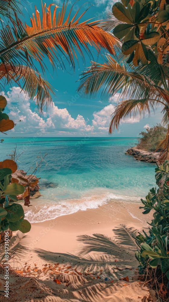 Fototapeta premium Bayside Miami Vice City tropical beach with stunning ocean view, excellent composition, Miami bayside, Vice City atmosphere, and neon vibes.
