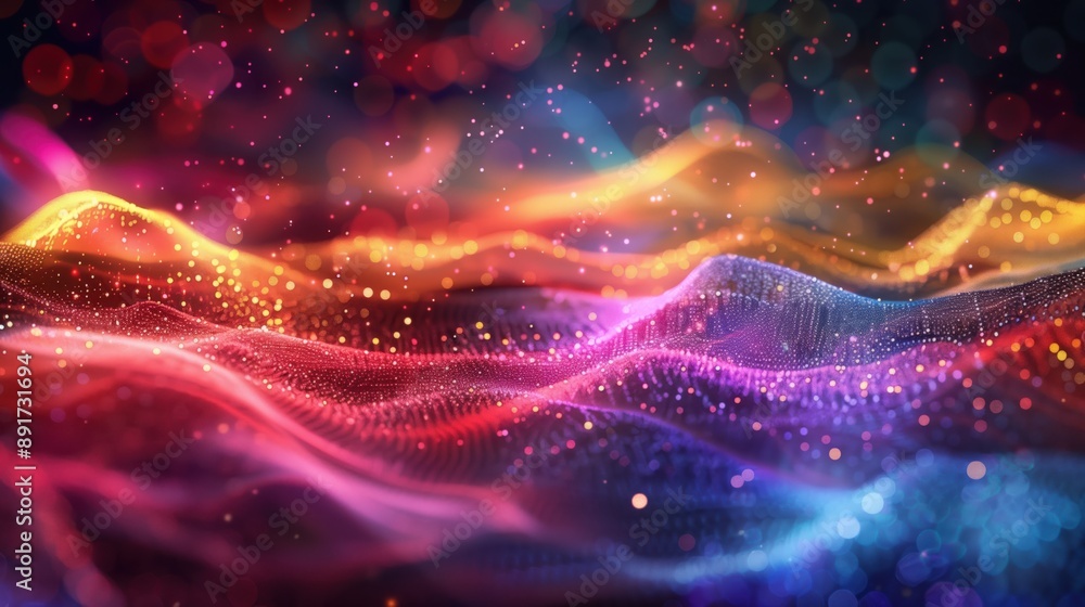 A stunning 3D rendering of a colorful wave intertwined with bokeh lights, displaying vivid visual elements and depth. A stunning 3D rendering of a colorful wave intertwined with bokeh lights, displaying vivid visual elements and depth.