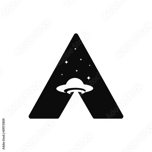 Letter A with ufo logo design vector silhouette illustration