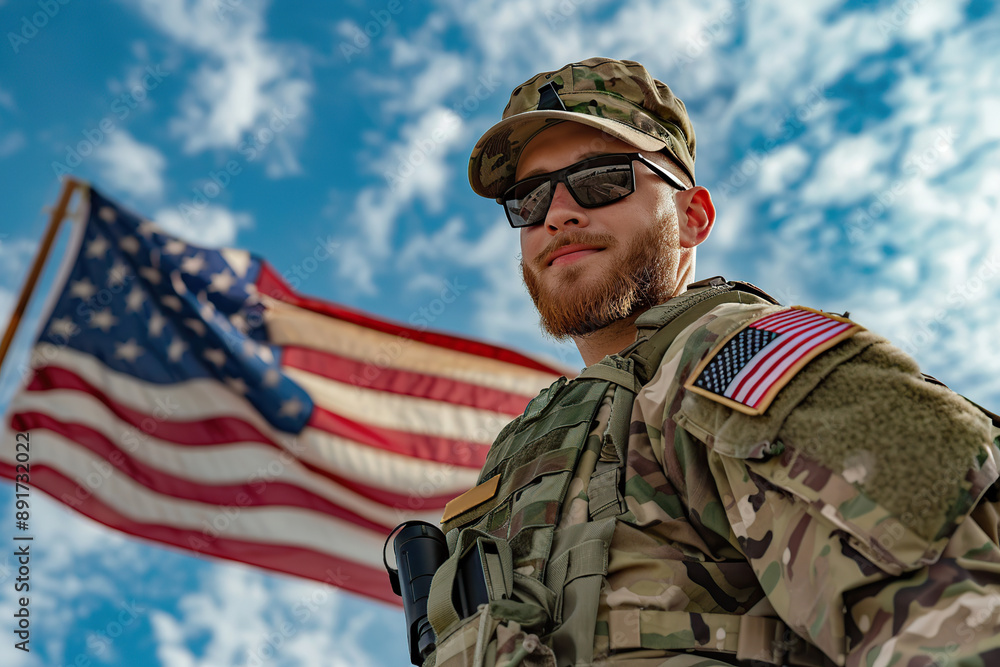 Military soldier on US flag background Military soldier on US flag background