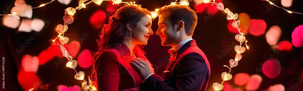 romantic couple surrounded by a heart-shaped light frame and red heart bokeh in the background. Wedding greeting card web banner. Wedding or St. Valentine's day concept romantic couple surrounded by a heart-shaped light frame and red heart bokeh in the background. Wedding greeting card web banner. Wedding or St. Valentine's day concept