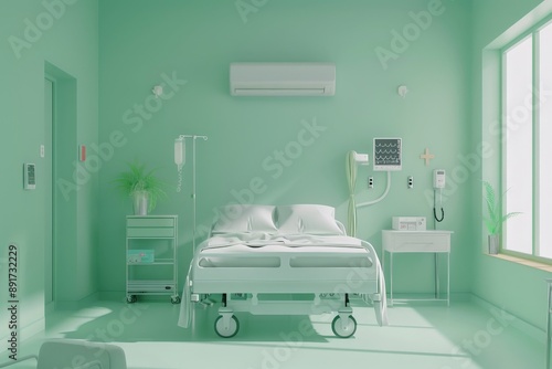 A brightly lit, mint-colored hospital room featuring a bed with pillows, an IV drip stand, plants, and various medical devices, creating a hopeful atmosphere for recovery. photo