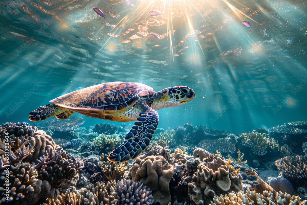 Obraz premium A beautiful sea turtle swims through a vibrant coral reef teeming with colorful fish and marine life, highlighting the wonder and diversity of underwater ecosystems.