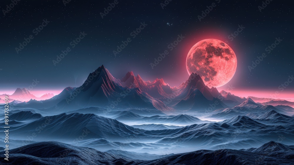 Red Moon Rising Over Mountain Range - 3D Illustration Red Moon Rising Over Mountain Range - 3D Illustration