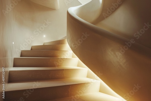 A luxurious curved staircase radiates with gold-toned lighting, highlighting its sophisticated design and creating a warm, inviting focal point within an elegant interior setting. photo