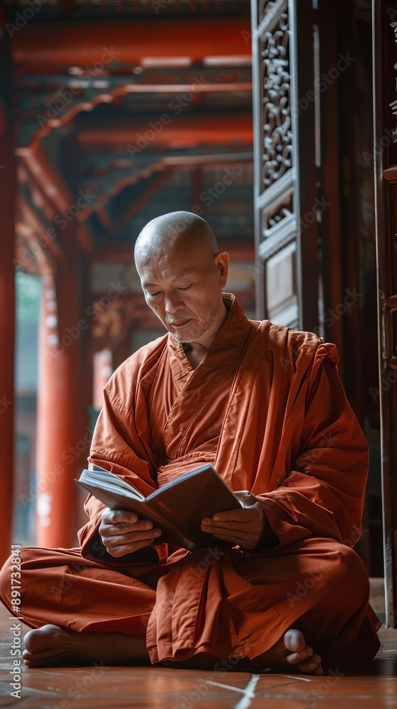 Monk Sitting Reading Sacred Scripture Book Text In Buddhist Temple Monk Sitting Reading Sacred Scripture Book Text In Buddhist Temple