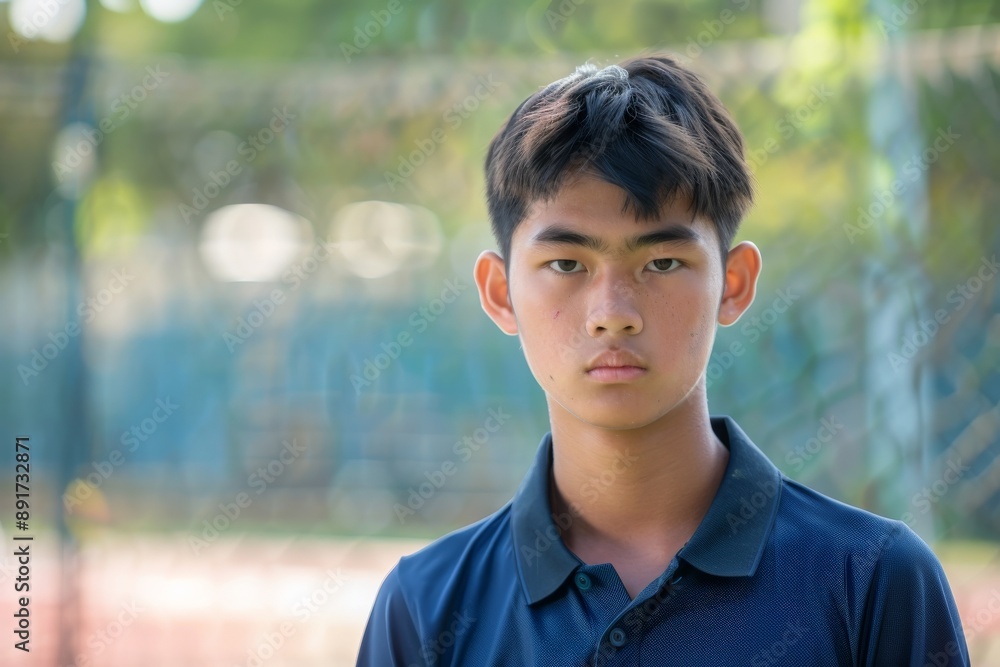 A young man wearing a dark shirt stands outside a sport court looking serious, displaying determination and an athletic posture, indicative of readiness for physical competition.