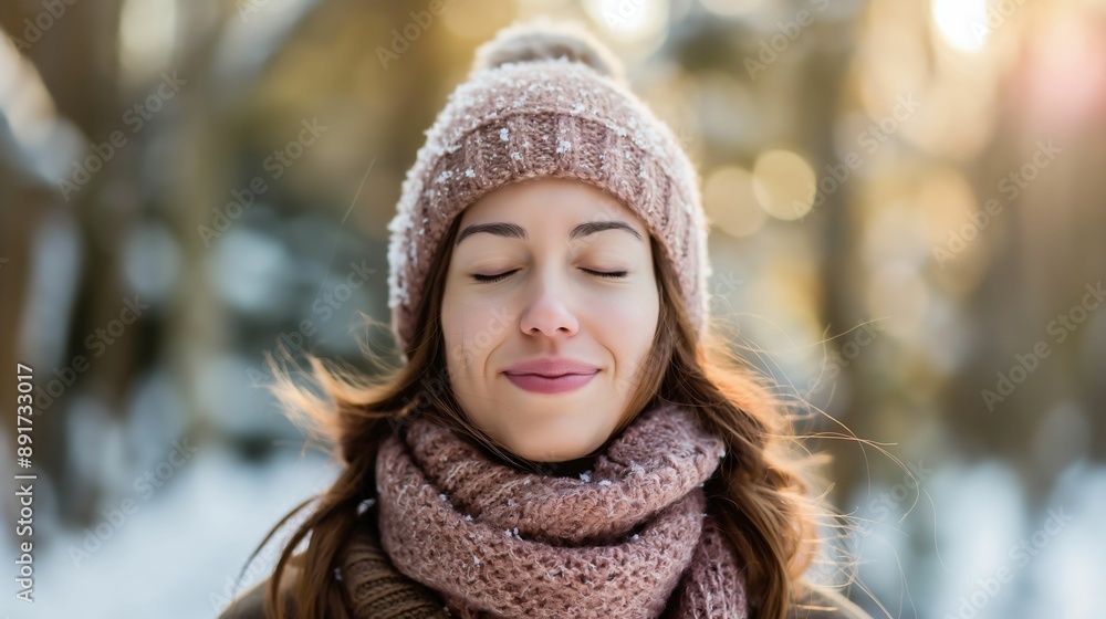 Young woman enjoying winter outdoors with closed eyes, wearing a hat and scarf against a snowy forest background.