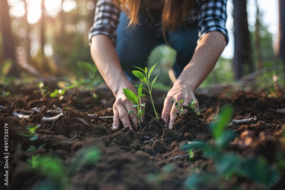 Fototapeta premium This image highlights a person’s hands planting a seedling in a garden, symbolizing growth, care, and the nurturing of life, captured in a natural outdoor setting filled with sunlight.